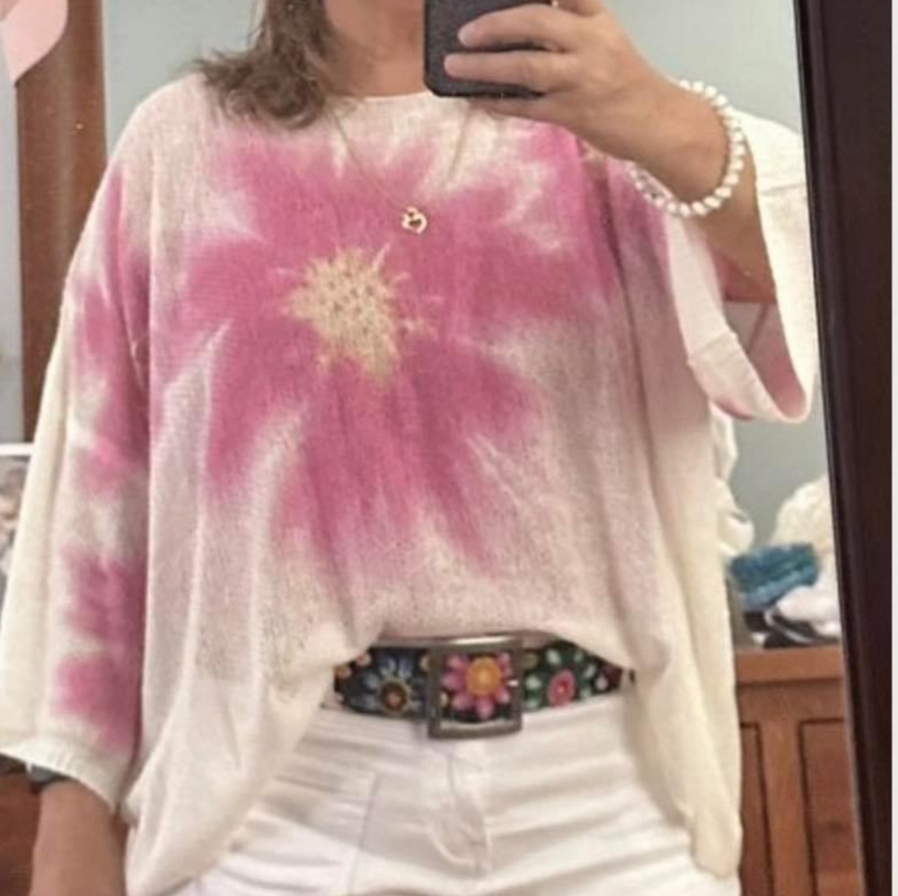 Summer Sweater with pink hibiscus design.